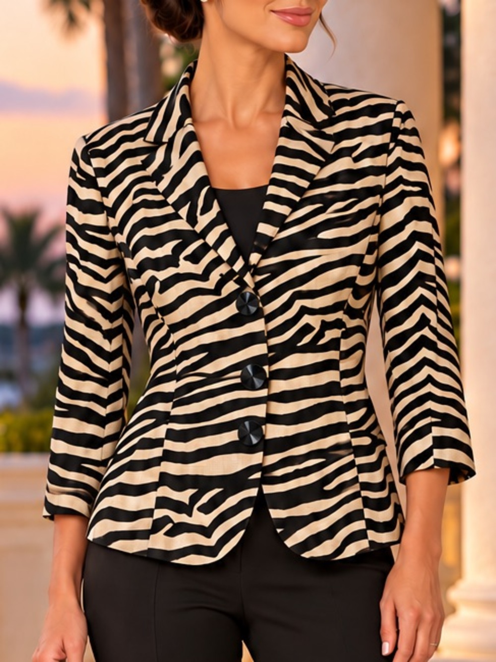 Adrianna Papéll Silk Fitted Blazer Jacket  Black Champagne Zebra Excellent 16